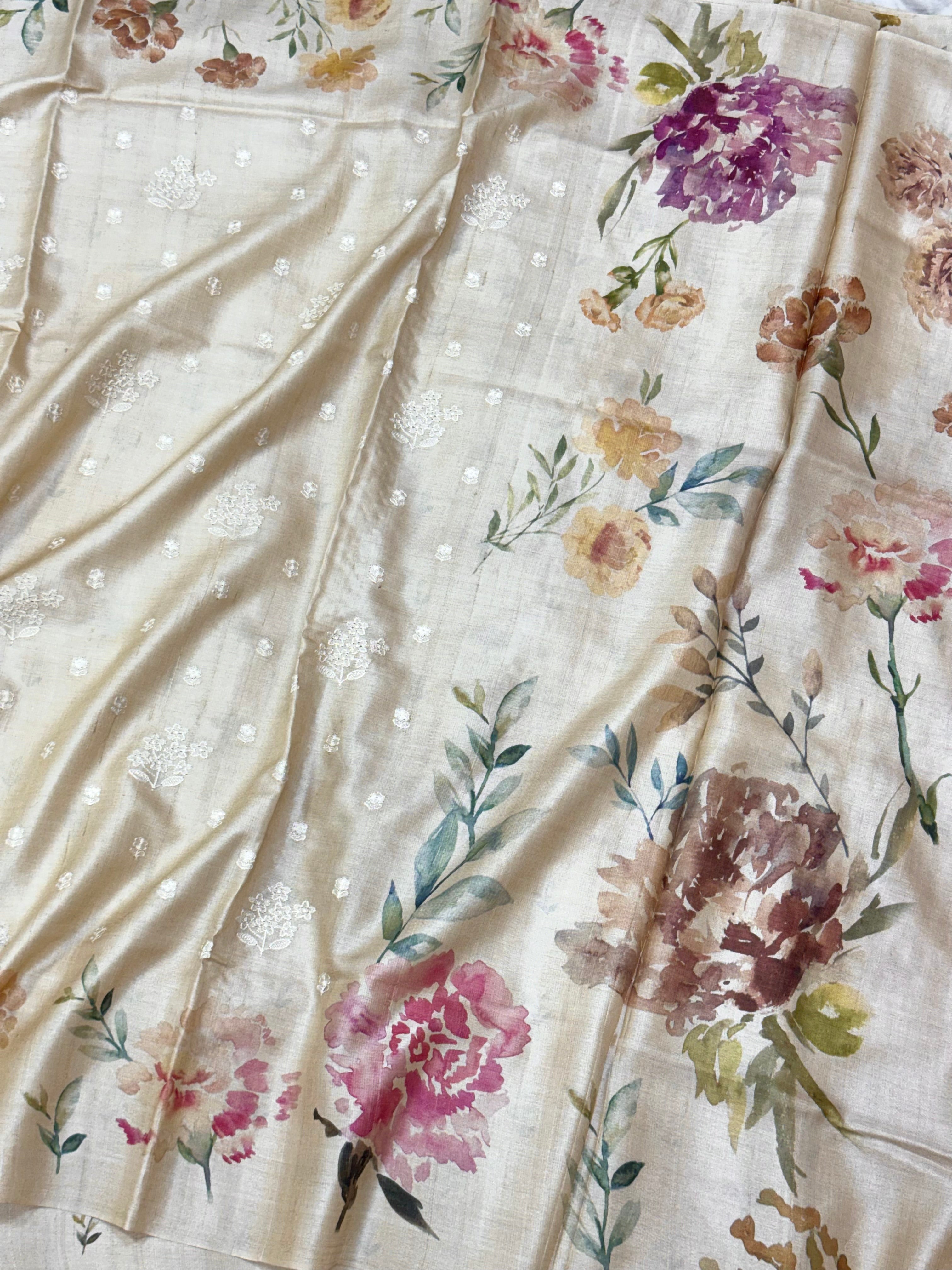 Ivory Pure Tussar Silk Handloom Printed with Embroidery Banarasi Saree - Soft Lightweight Banarasi Saree