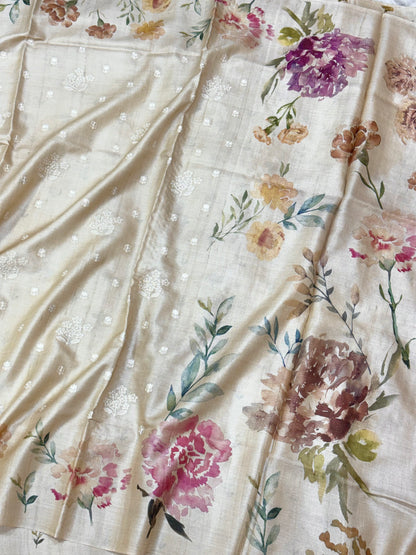 Ivory Pure Tussar Silk Handloom Printed with Embroidery Banarasi Saree - Soft Lightweight Banarasi Saree