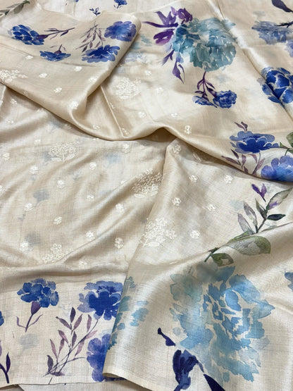 Ivory Pure Tussar Silk Handloom Printed with Embroidery Banarasi Saree -A New Era Of Elegance