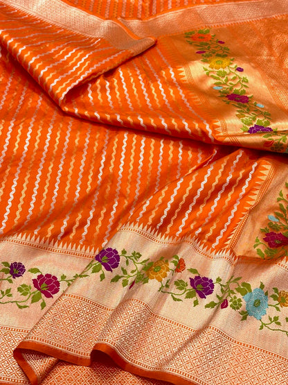 Orange Pure Katan Silk & Pure Mulberry Silk | Traditional Kadhwa Technique | Handwoven Banarasi Saree