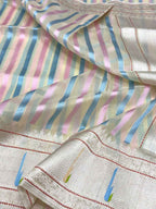 White Pure Kora Tissue Silver Zari Ektara Weave Handwoven Banarasi Saree