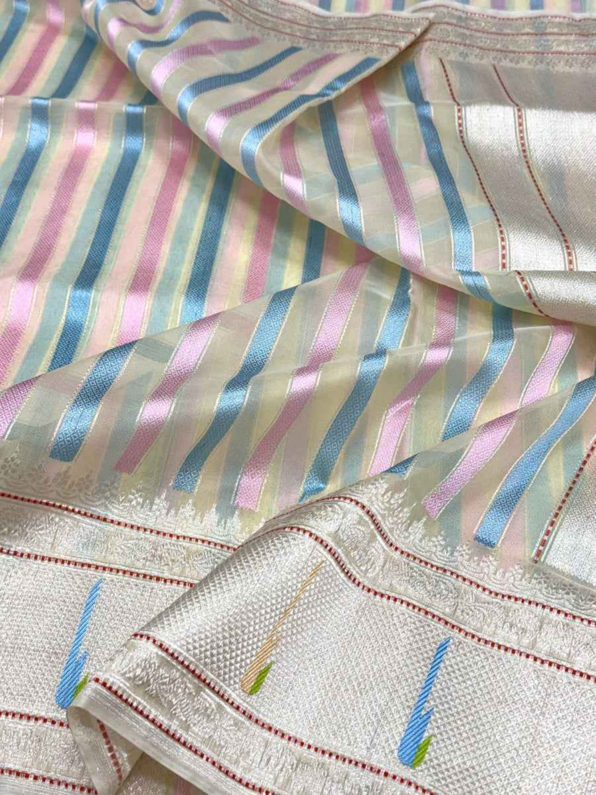 White Pure Kora Tissue Silver Zari Ektara Weave Handwoven Banarasi Saree