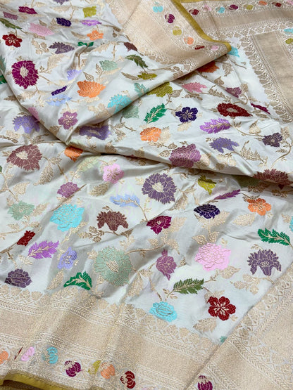 White Pure Mulberry Double Katan Silk Handwoven Banarasi Saree | Kadhwa Weave | The Couture Heritage