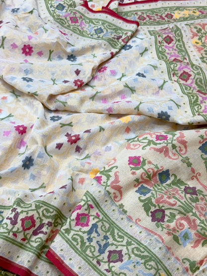 Off White Pure Muslin Cotton Jamdani | Ektara Technique | Handloom Modern Banarasi Saree