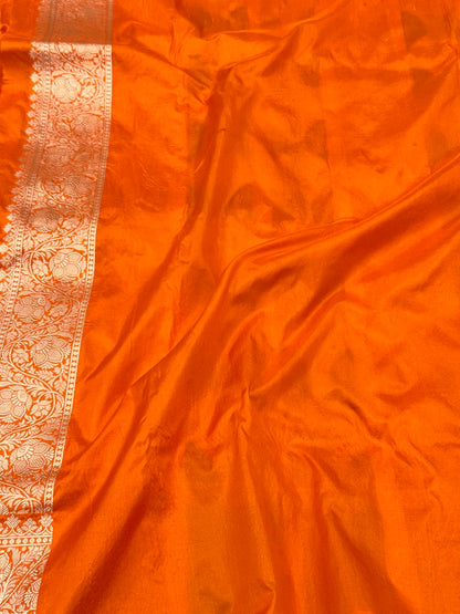 Orange Pure Katan Silk & Pure Mulberry Silk Rangkaat Handloom Modern Banarasi Saree