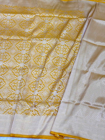 Yellow Pure Mulberry Katan Silk Handloom Banarasi Saree |Kimkhaab-Brocade|