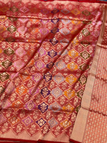 Red Pure Katan Mulberry Silk Handloom Banarasi Saree - Modern Rangkaat Saree