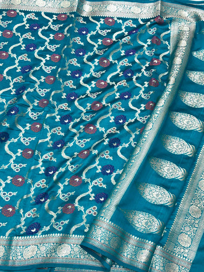 Teal Green Pure Mulberry Chiniya Silk Meenakari  Banarasi Saree- Lightweight
