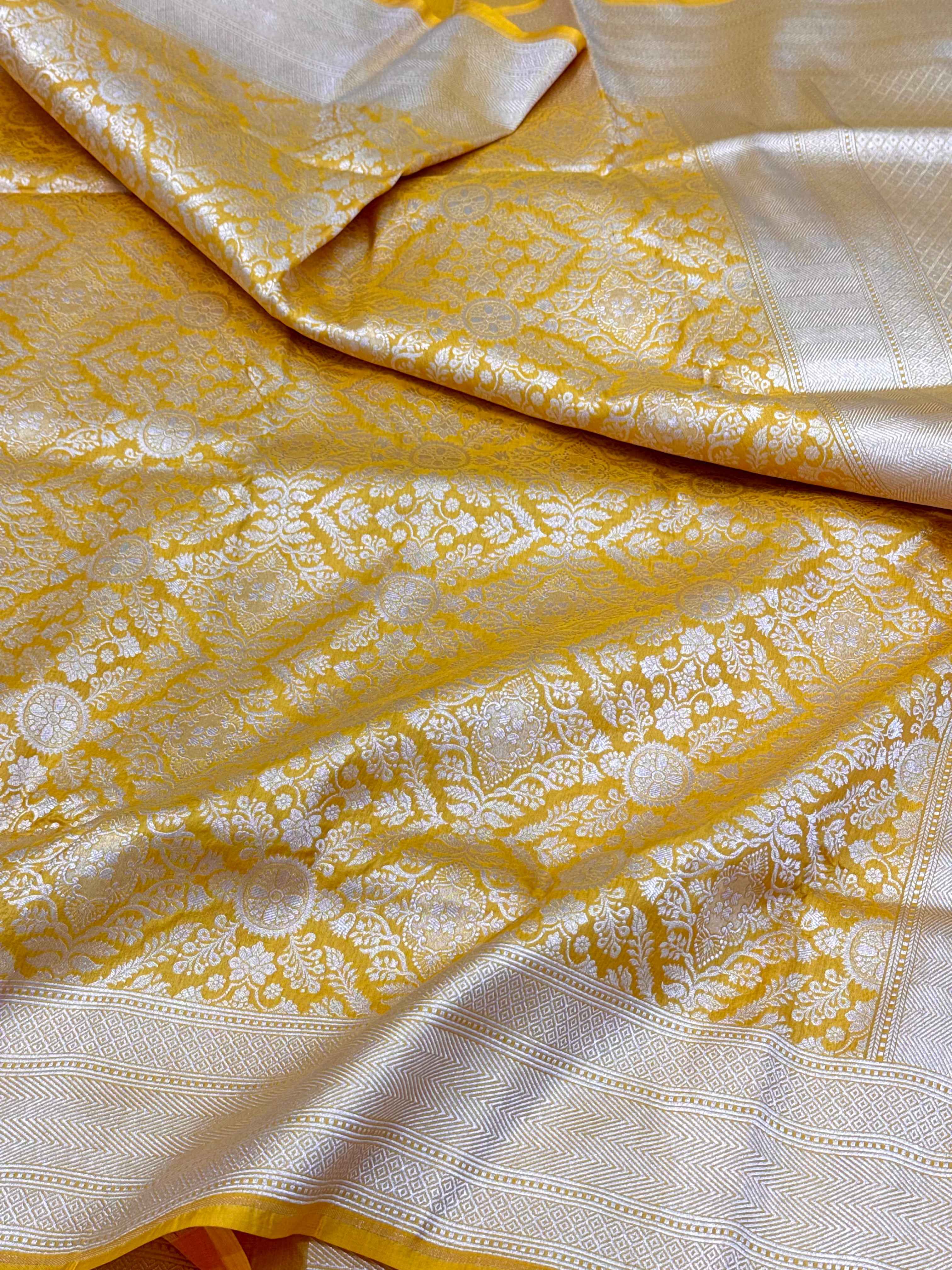 Yellow Pure Mulberry Katan Silk Handloom Banarasi Saree |Kimkhaab-Brocade|