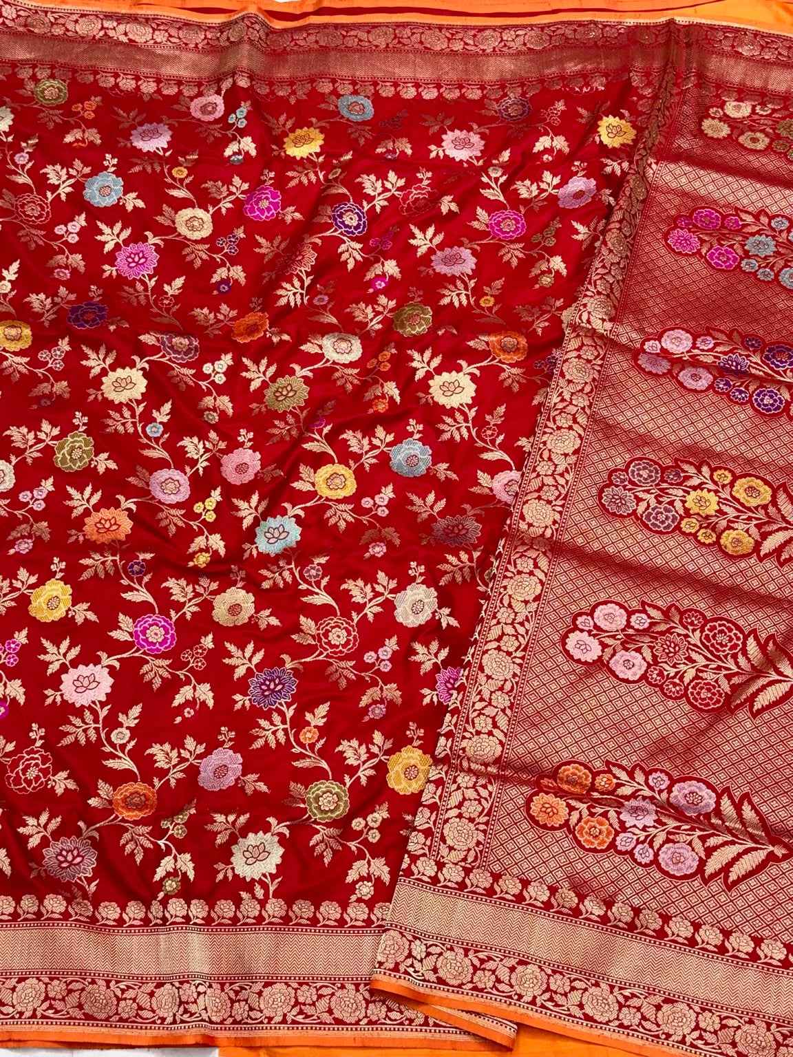 Red Pure Katan Silk & Pure Mulberry Silk Authentic Premium Banarasi Saree - Kadhwa Technique