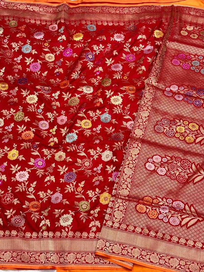 Red Pure Katan Silk & Pure Mulberry Silk Authentic Premium Banarasi Saree - Kadhwa Technique