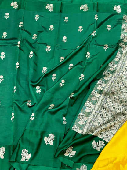 Bottle Green Pure Raw Mango Silk | Kadhwa Technique | Handwoven Modern Banarasi Saree