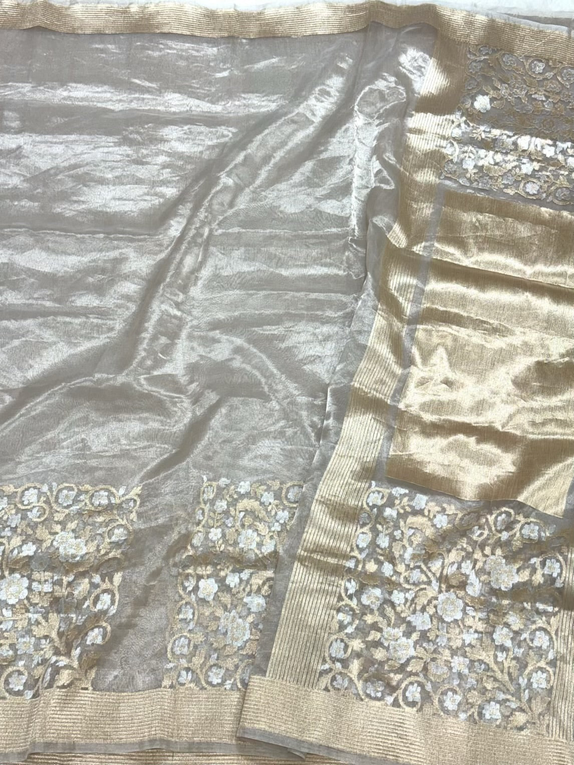 Silver/White Pure Tissue Silk Saree - 100% Pure Kora Silk | Handwoven Banarasi Silk Saree - Modern Contemporary Saree