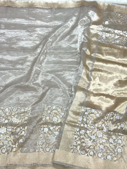 Silver/White Pure Tissue Silk Saree - 100% Pure Kora Silk | Handwoven Banarasi Silk Saree - Modern Contemporary Saree