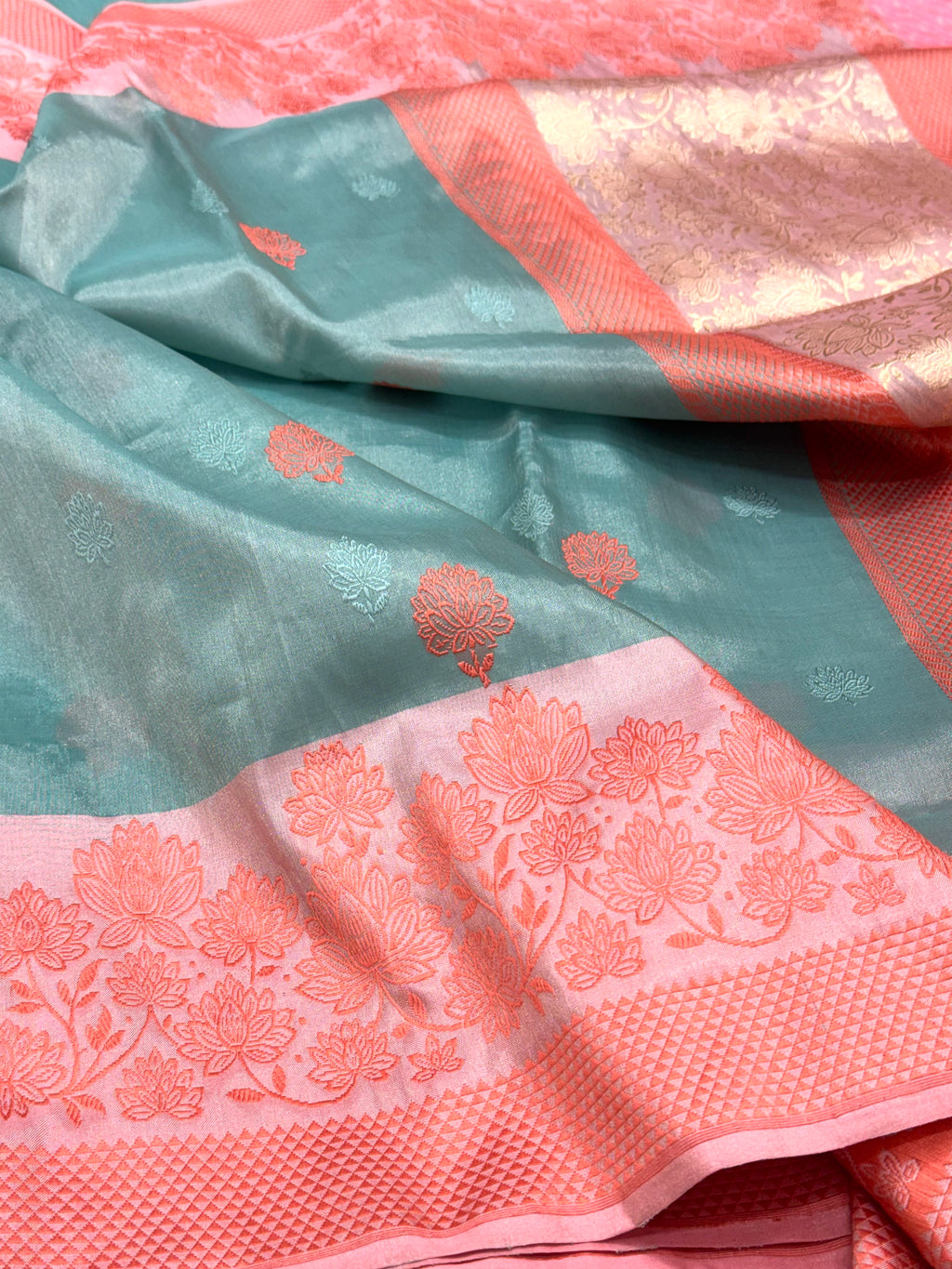 Sea Green Pure Double Katan Tissue Silk Handwoven Banarasi Saree