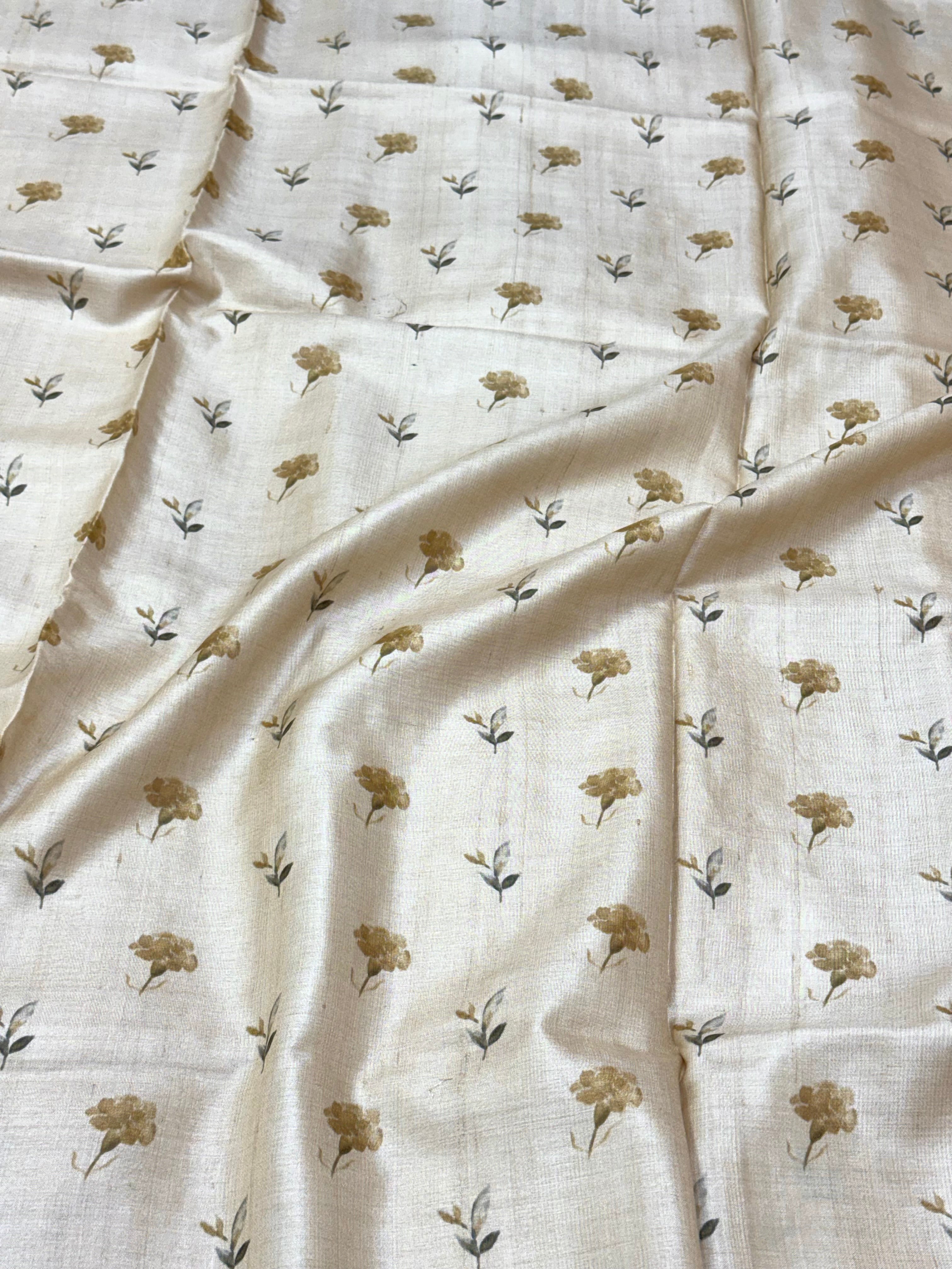 Ivory Pure Tussar Silk Handloom Printed with Embroidery Banarasi Saree - Soft Lightweight Banarasi Saree