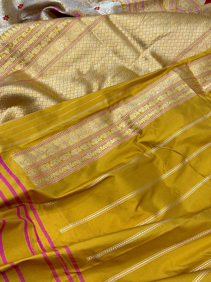 Mustard Yellow Pure Katan Silk Handwoven Banarasi Saree |Brocade|