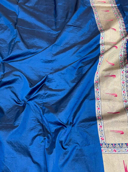 German Blue Pure Katan Silk & Pure Mulberry Silk Handloom Banarasi Saree