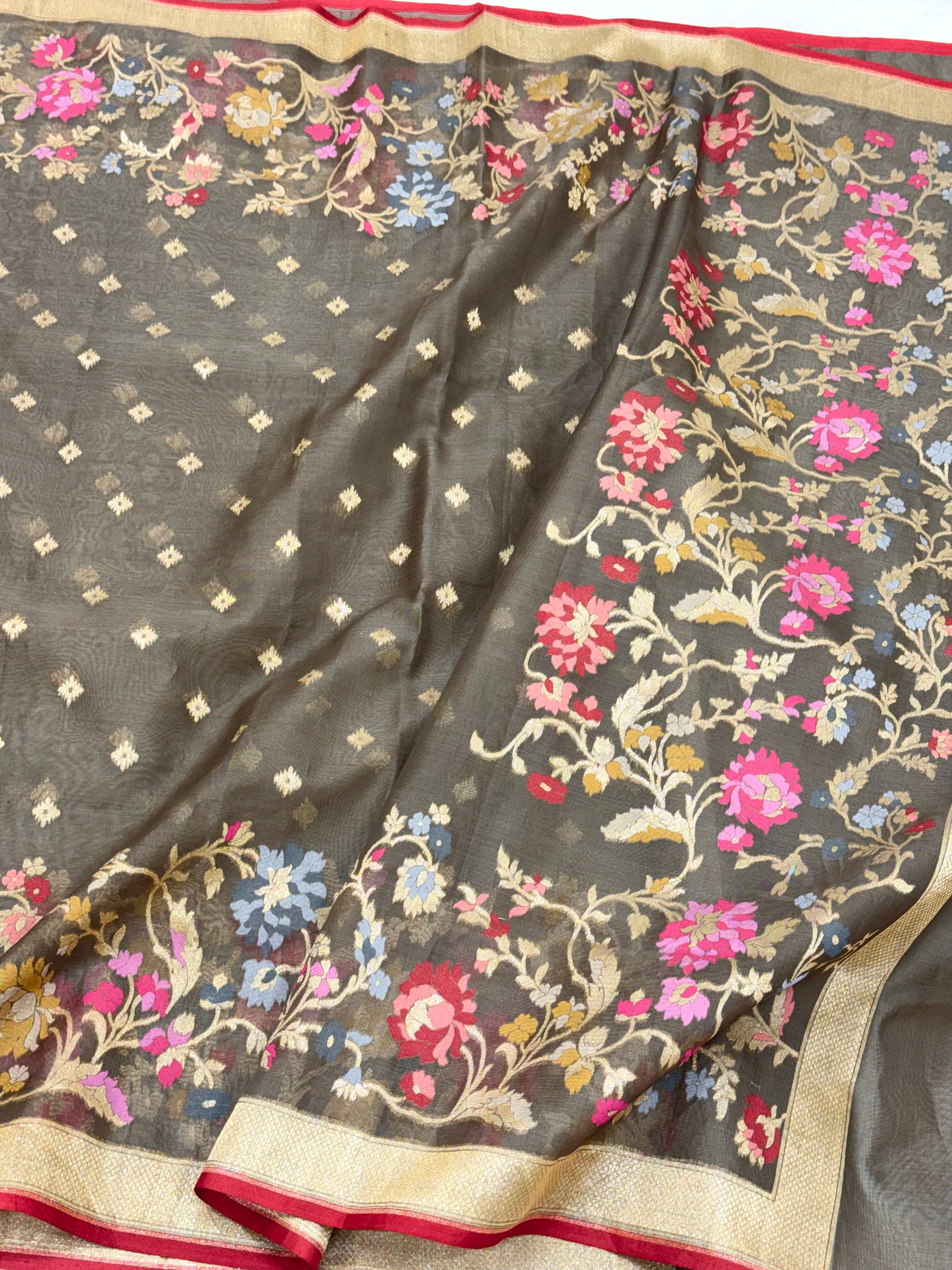 Antique Bronze Pure Kora Organza Silk Jamdani Handwoven Banarasi Saree