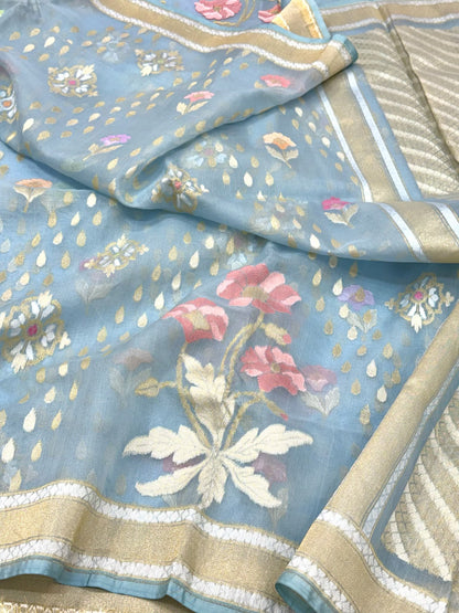 Sky Blue Pure Mulberry Kora ( Organza ) Silk Ektara Jamdani Handloom Contemporary Banarasi Lightweight Saree