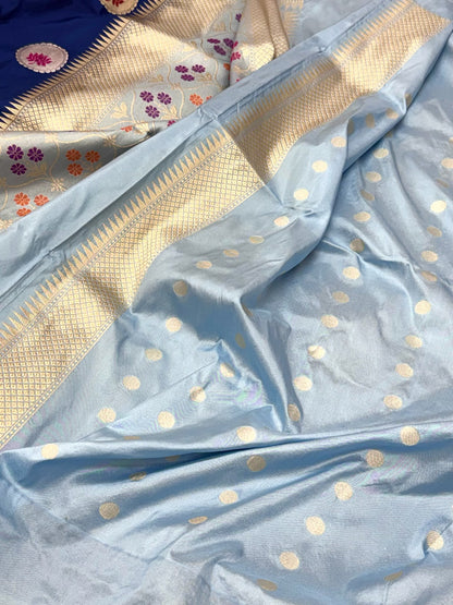 German Blue Pure Mulberry Katan Silk | Kadhwa + Kadhiyal Technique | Handwoven Banarasi Saree