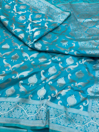 Aqua Blue Handloom Banarasi Saree | Pure Mulberry Katan Silk Banarasi Saree