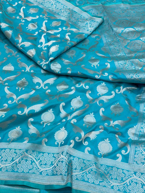 Aqua Blue Handloom Banarasi Saree | Pure Mulberry Katan Silk Banarasi Saree