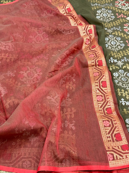 Moss Green Muslin Cotton Jamdani Ektara Weave Handloom Banarasi Saree