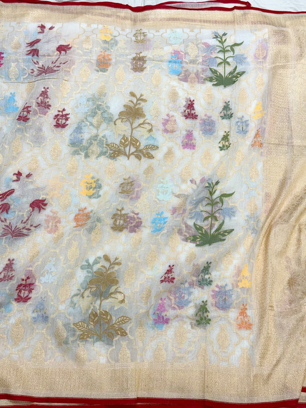 White Pure Muslin Cotton Jamdani | Ektara Weave | Handloom Banarasi Saree