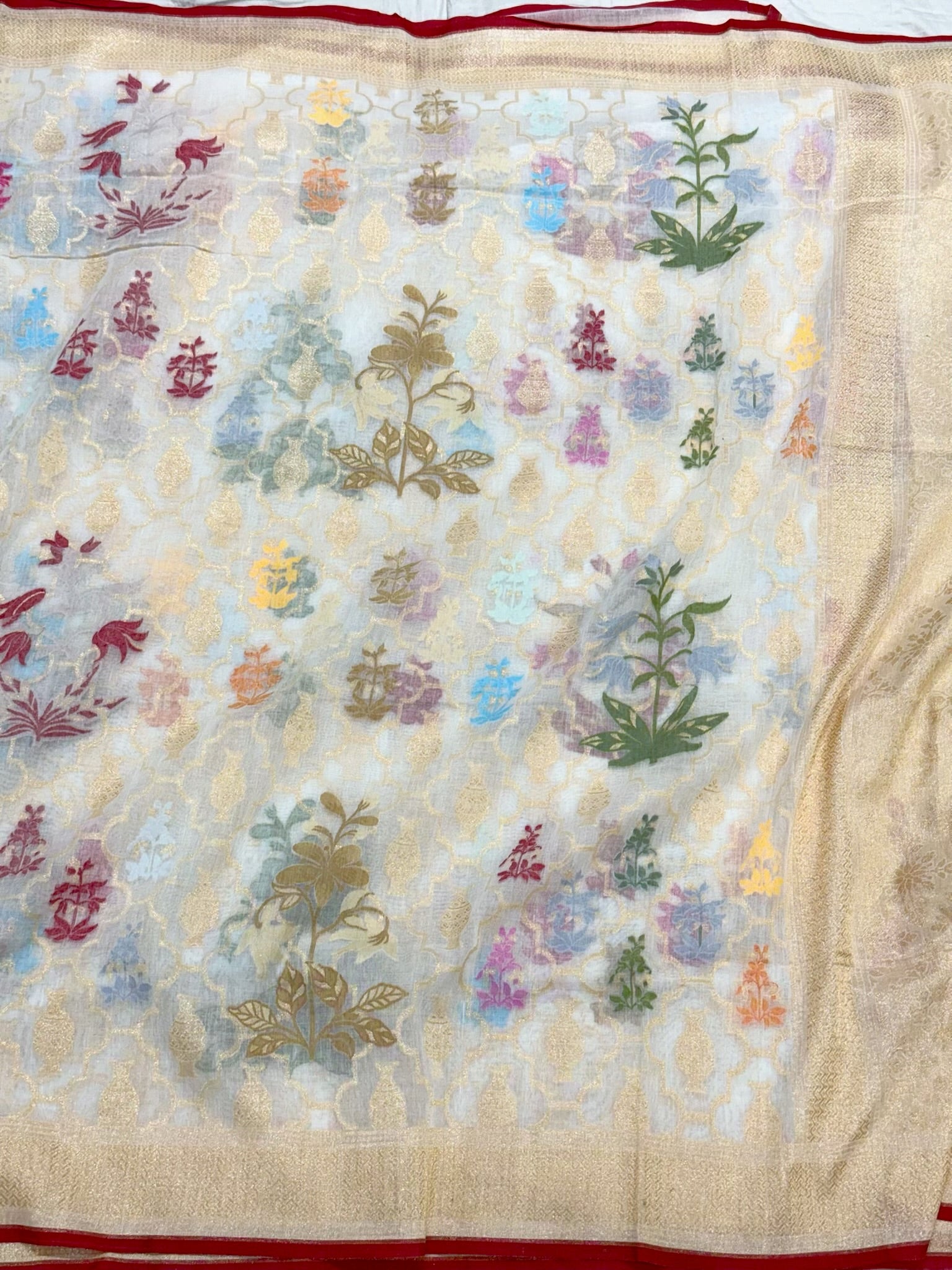 White Pure Muslin Cotton Jamdani | Ektara Weave | Handloom Banarasi Saree