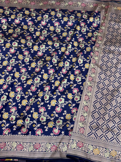 Dark Blue Handloom Banarasi Saree | Pure Mulberry Katan Silk Banarasi Saree - The Royal Palette