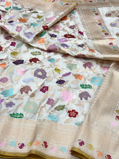 White Pure Mulberry Double Katan Silk Handwoven Banarasi Saree | Kadhwa Weave | The Couture Heritage