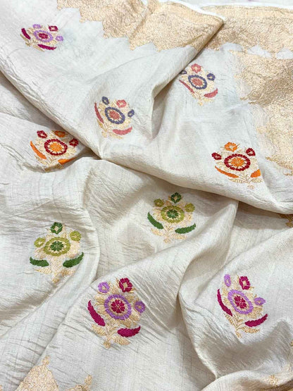 Ivory Pure Tussar Georgette Silk Handwoven Banarasi Saree With Kadhwa Weave