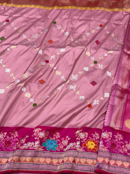 Lilac Pink Pure Katan Mulberry Silk Handwoven | Kadhwa + Kadhiyal + Ektara Weave | Banarasi Saree