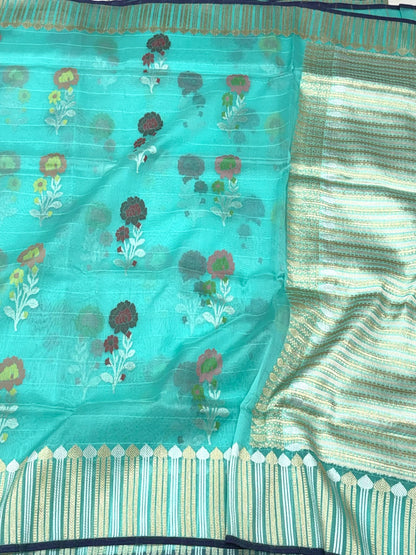 Turqoise Blue Pure Kora Organza Silk Jamdani | Ektara Kadhwa Technique | Handwoven Banarasi Saree - New Era Of Elegance