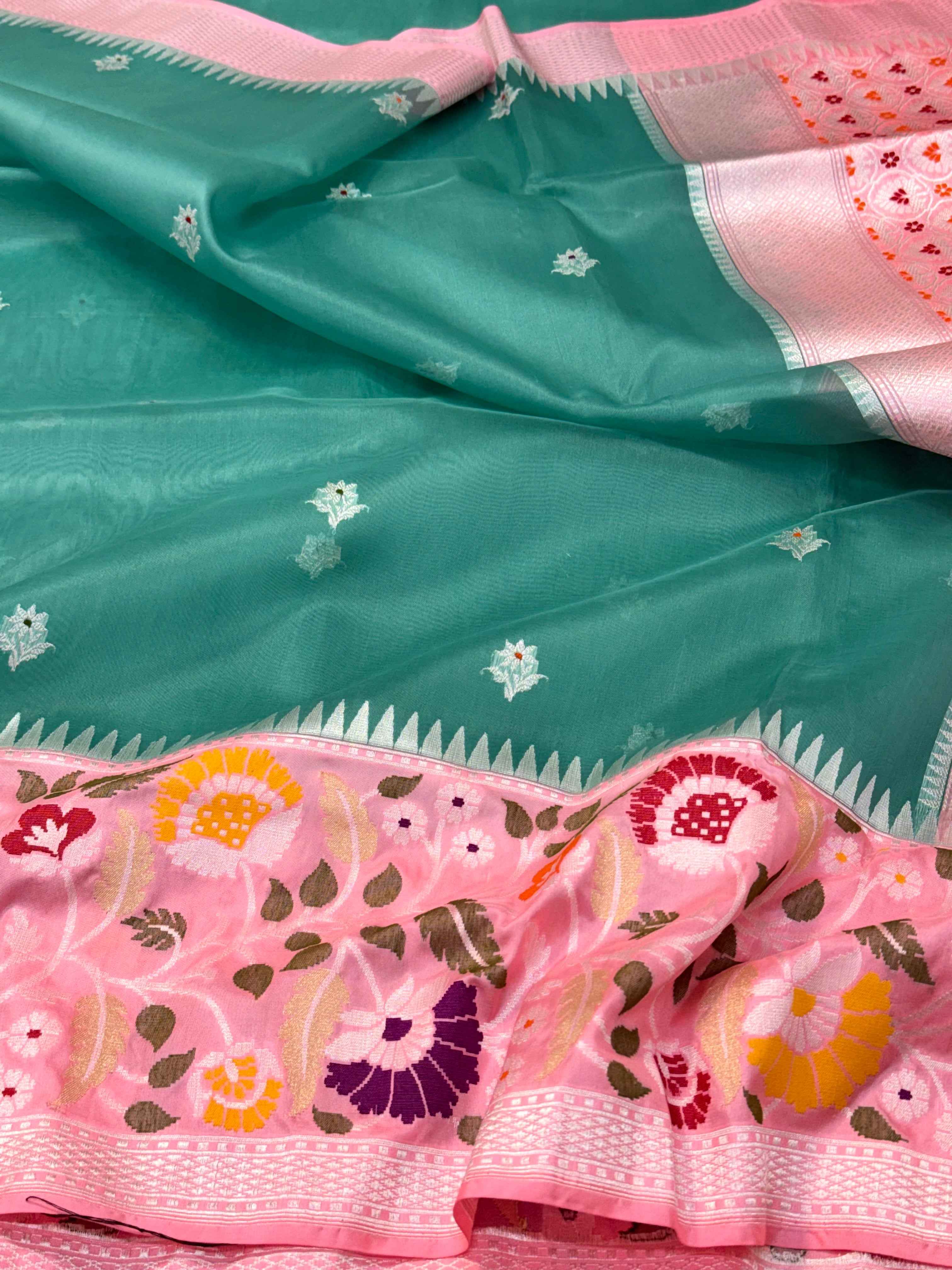 Laurel Green Pure Kora Silk Handwoven Banarasi Saree