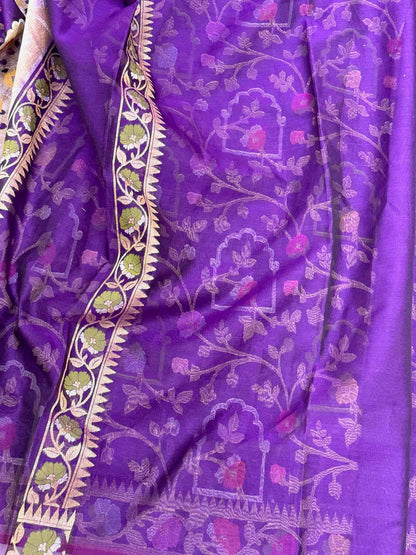Purple Pure Kora Mulberry Silk Jamdani Banarasi Saree - Ektara Technique Handloom Banarasi Saree