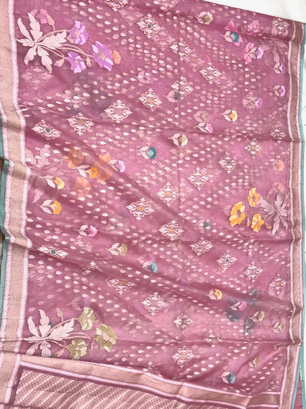 Powder Pink Pure Mulberry Kora ( Organza ) Silk Ektara Jamdani Handloom Contemporary Banarasi Lightweight Saree