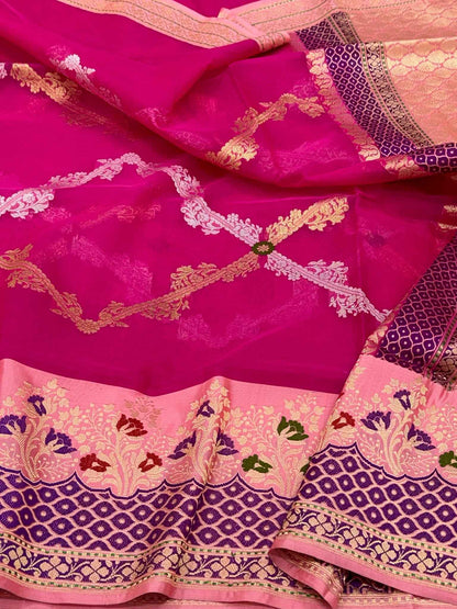Rani Pink Pure Kora Silk Handwoven | Kadhwa Technique | Authentic Banarasi Saree