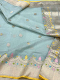 Sage Green Authentic Banarasi Saree - Pure Kora Mulberry Silk | Kadhwa Technique | Handwoven Banarasi Saree