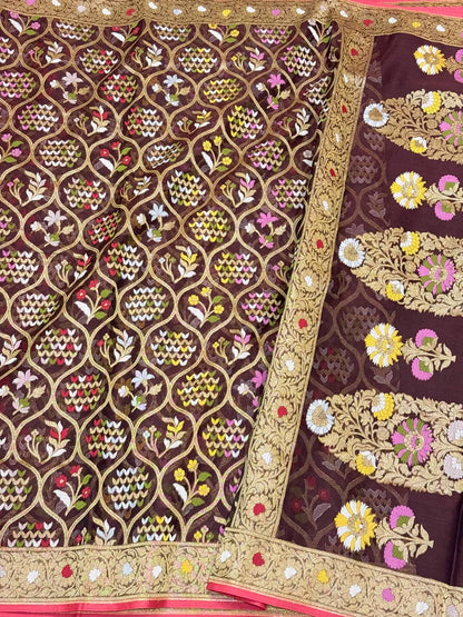 Wine Pure Kora Mulberry Silk Handloom Banarasi Saree | Ektara Jamdani Technique