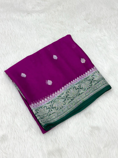 Magenta Pure Chiffon Georgette Handwoven Banarasi Saree