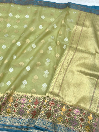Pista Green Pure Kora Silk Handwoven Banarasi Saree