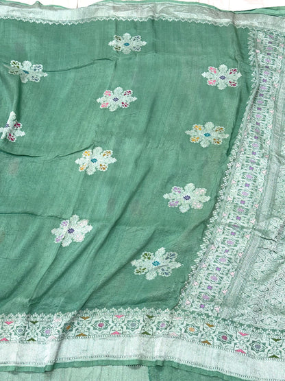 Green Pure Tussar Georgette Silk | Kadhwa Weave | Handwoven Banarasi Saree