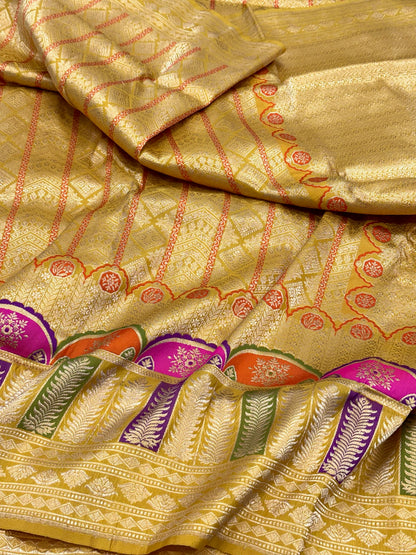 Mustard Yellow Pure Katan Silk Handwoven Banarasi Saree |Brocade|