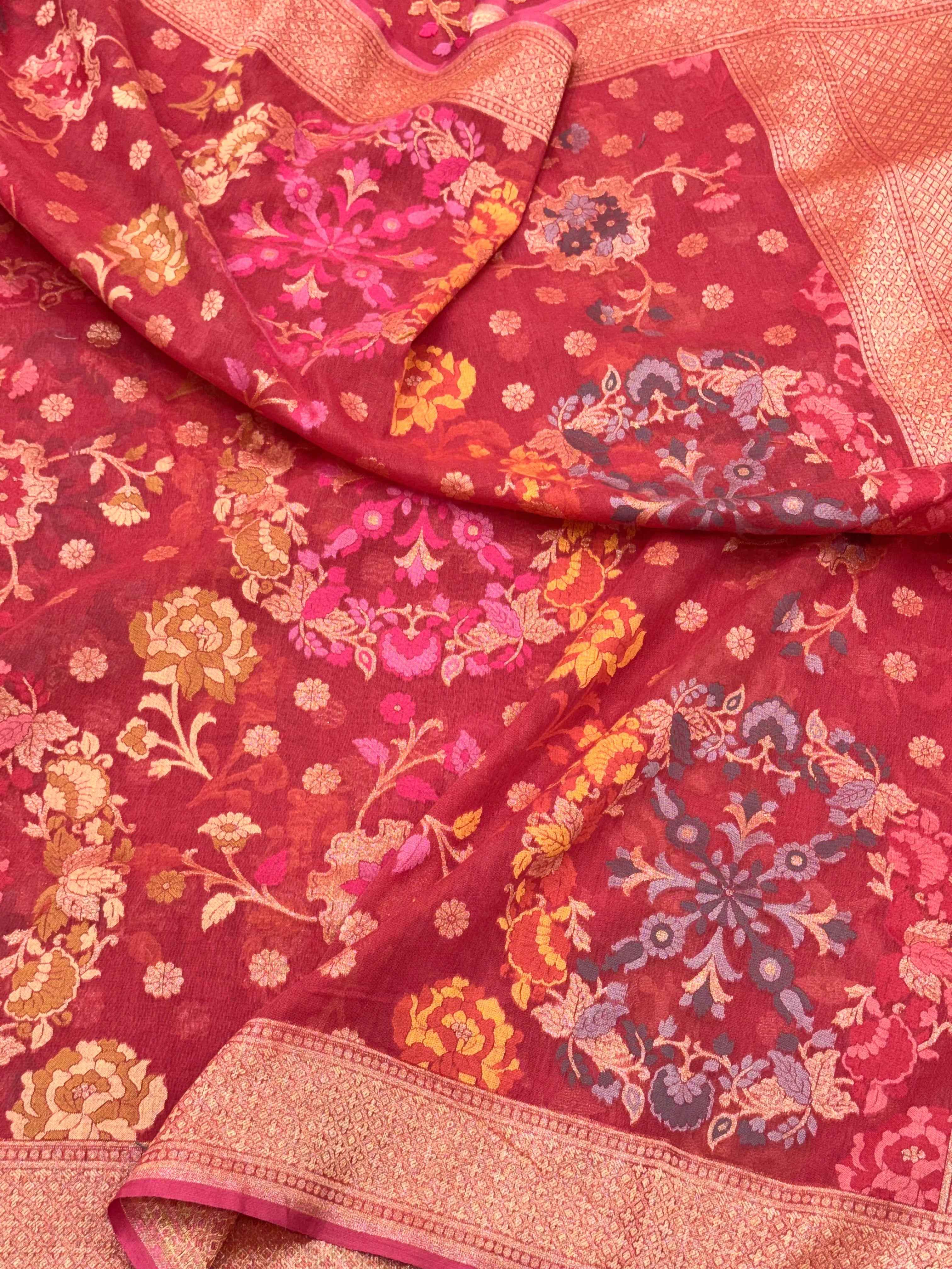 Maroon Pure Muslin Cotton Handloom Banarasi Saree with Ektara + Jamdani Weave