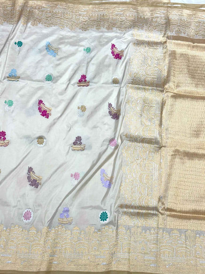 Off White Pure Katan Silk & Mulberry Silk Handwoven | Kadhwa Technique | Traditional Banarasi Saree