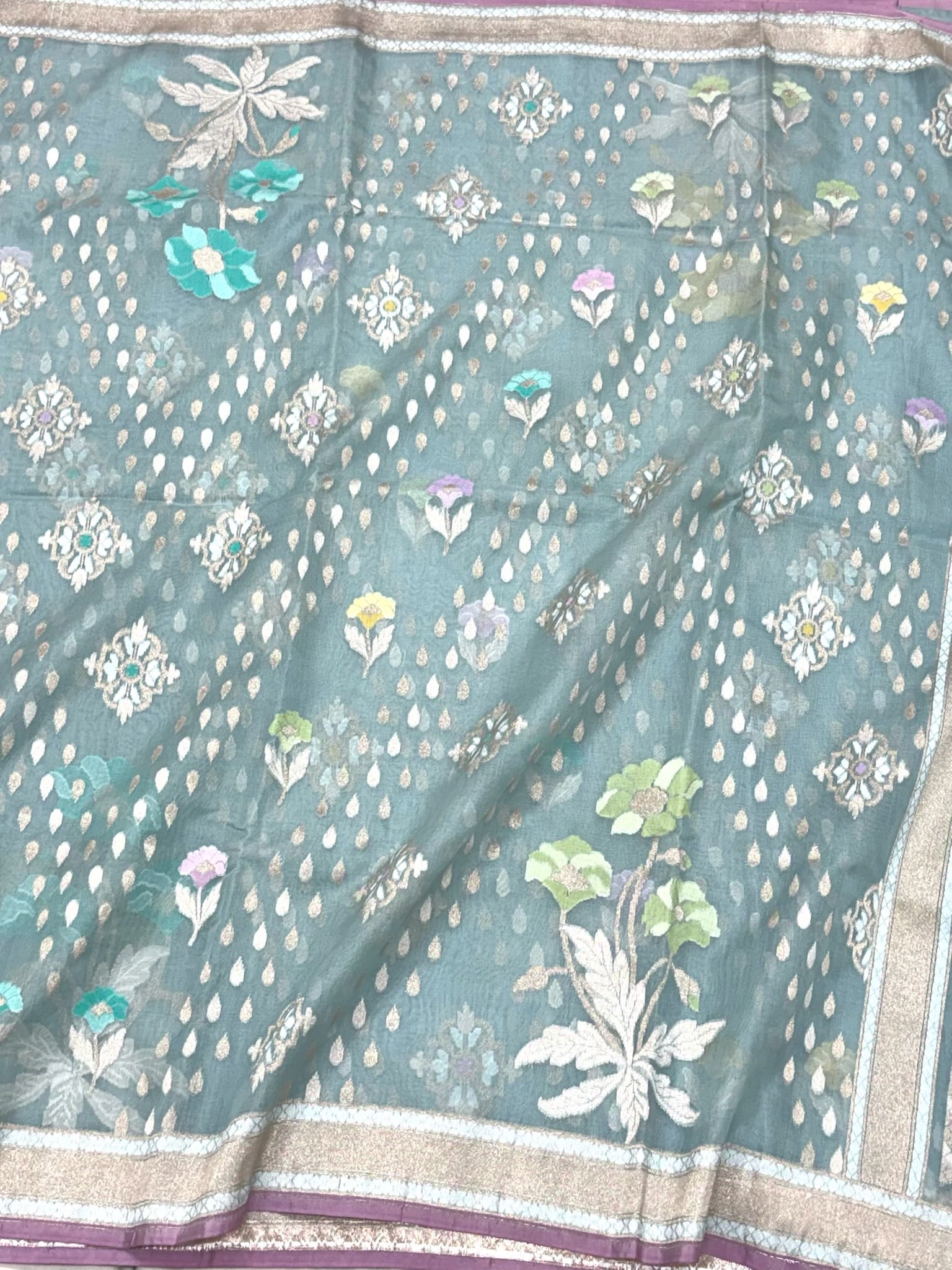 Dusty Sea Blue Pure Mulberry Kora ( Organza ) Silk Ektara Jamdani Handloom Contemporary Banarasi Lightweight Saree