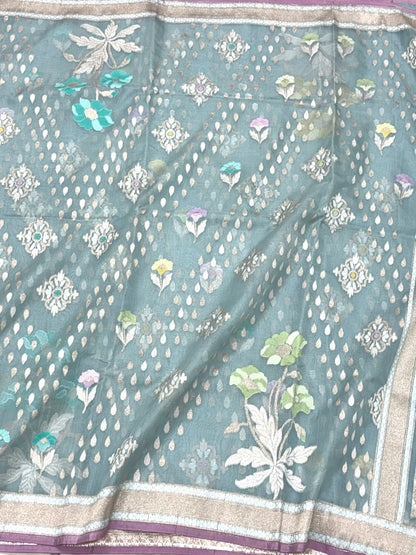 Dusty Sea Blue Pure Mulberry Kora ( Organza ) Silk Ektara Jamdani Handloom Contemporary Banarasi Lightweight Saree