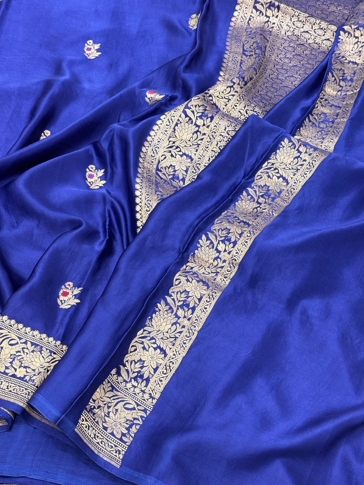 Royal Blue Pure Mashru Satin Silk Handwoven Banarasi Saree